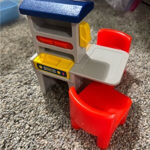 Vintage Little Tikes Doll Workbench with Red Chairs and Blue Top